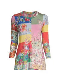 Johnny Was Marcel Favorite 3/4 Sleeve Crew Neck Swing Tee Floral Roses Small