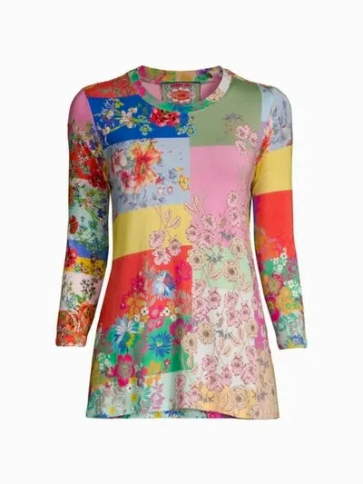 Johnny Was Marcel Favorite 3/4 Sleeve Crew Neck Swing Tee Floral Roses Small