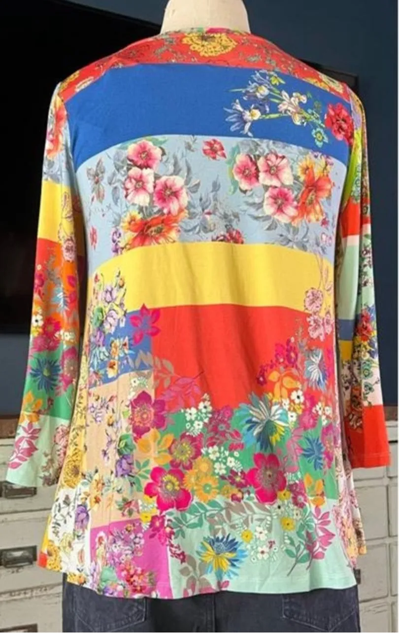Johnny Was Marcel Favorite 3/4 Sleeve Crew Neck Swing Tee Floral Roses Small