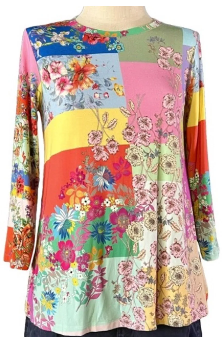 Johnny Was Marcel Favorite 3/4 Sleeve Crew Neck Swing Tee Floral Roses Small