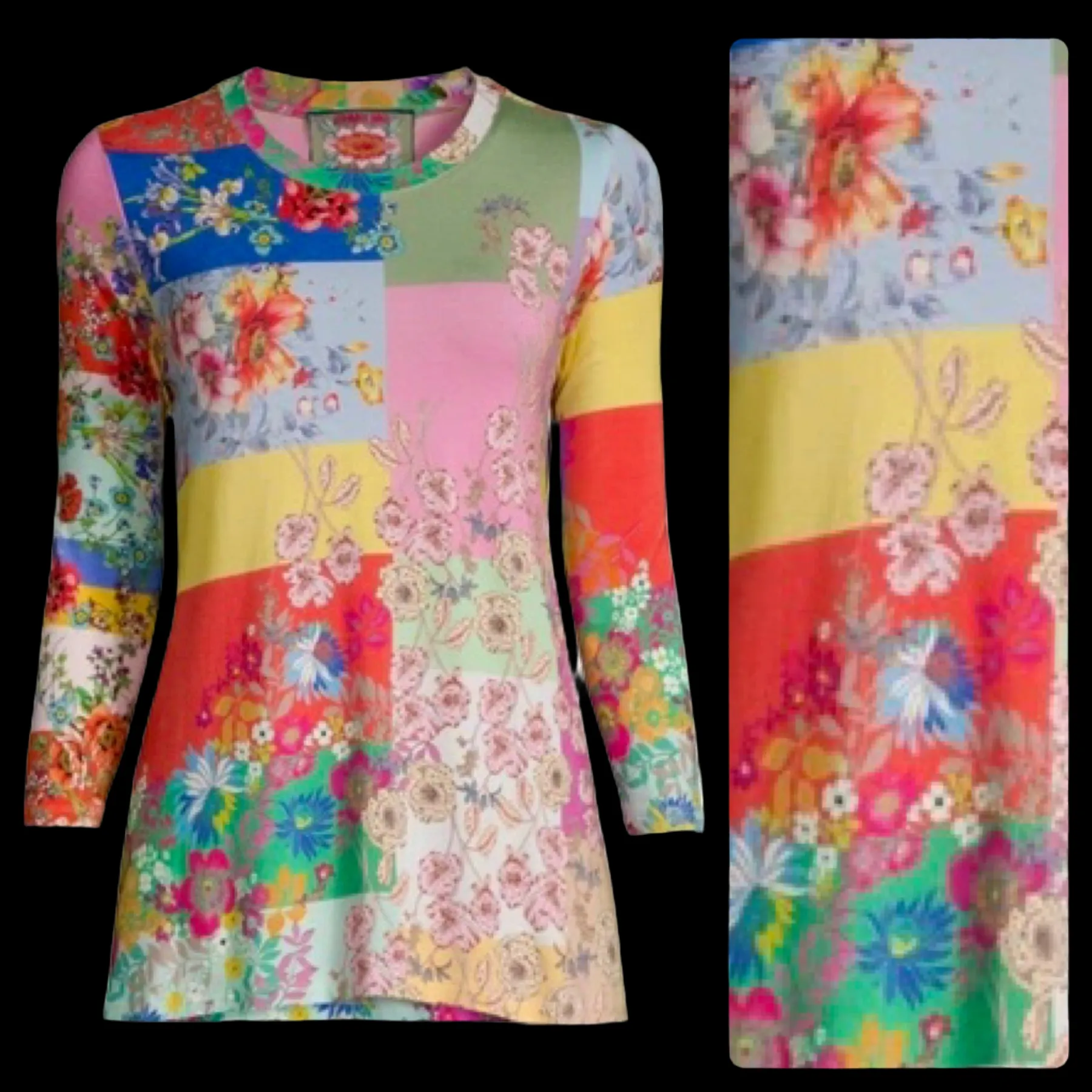 Johnny Was Marcel Favorite 3/4 Sleeve Crew Neck Swing Tee Floral Roses Small