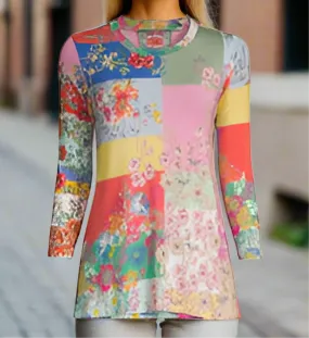Johnny Was Marcel Favorite 3/4 Sleeve Crew Neck Swing Tee Floral Roses Small