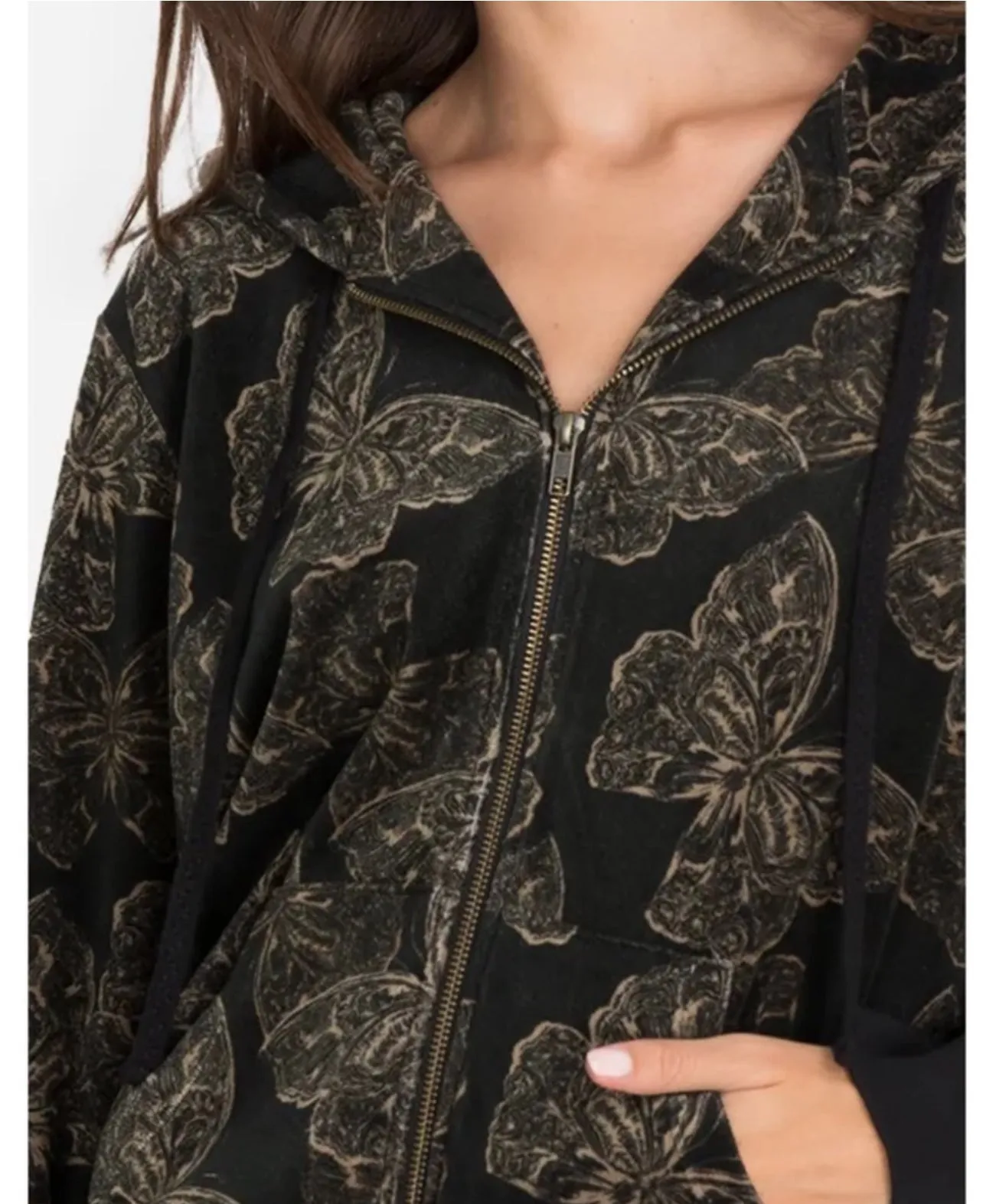 Johnny Was Zuri Modern Velour Zip Up Hoodie Jacket  Black X Large