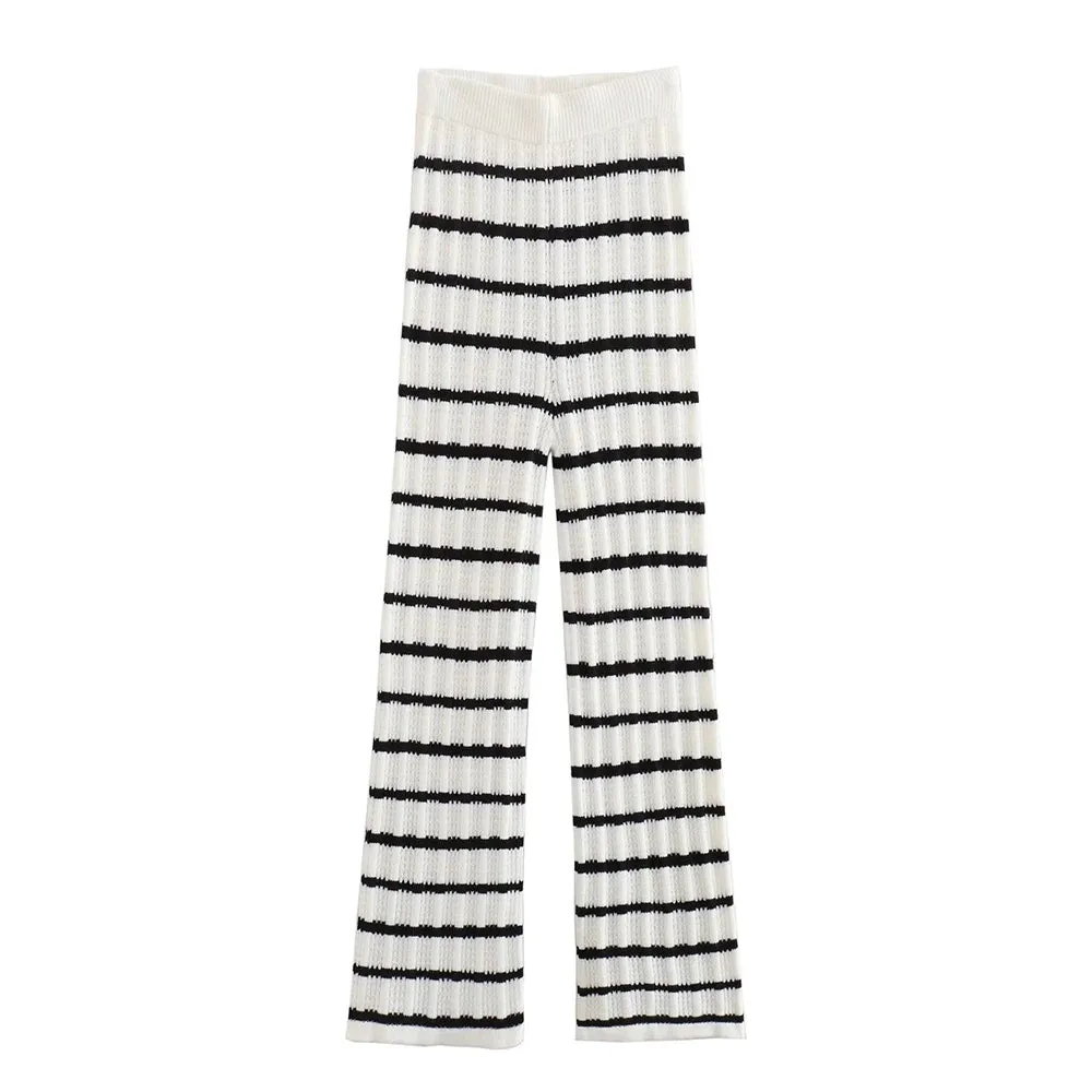 JOSKAA Fashion Stripe Knitted Long Pants Sets Women Cropped Vest Elastic Waist Trousers Two Pieces Sets 2024 Summer Female Chic Outfits