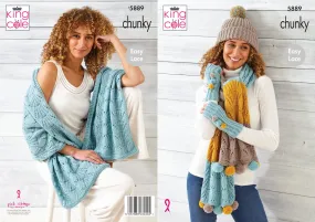 King Cole Chunky Knitting Pattern - Ladies Easy Lace Accessories (5889)