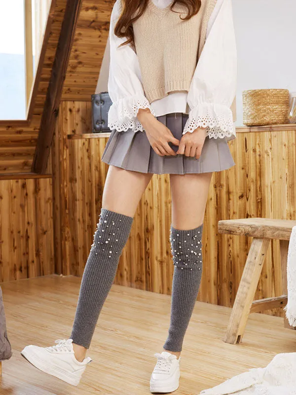 Knitted Bead Decoration Keep Warm Solid Color Leg Warmers Accessories