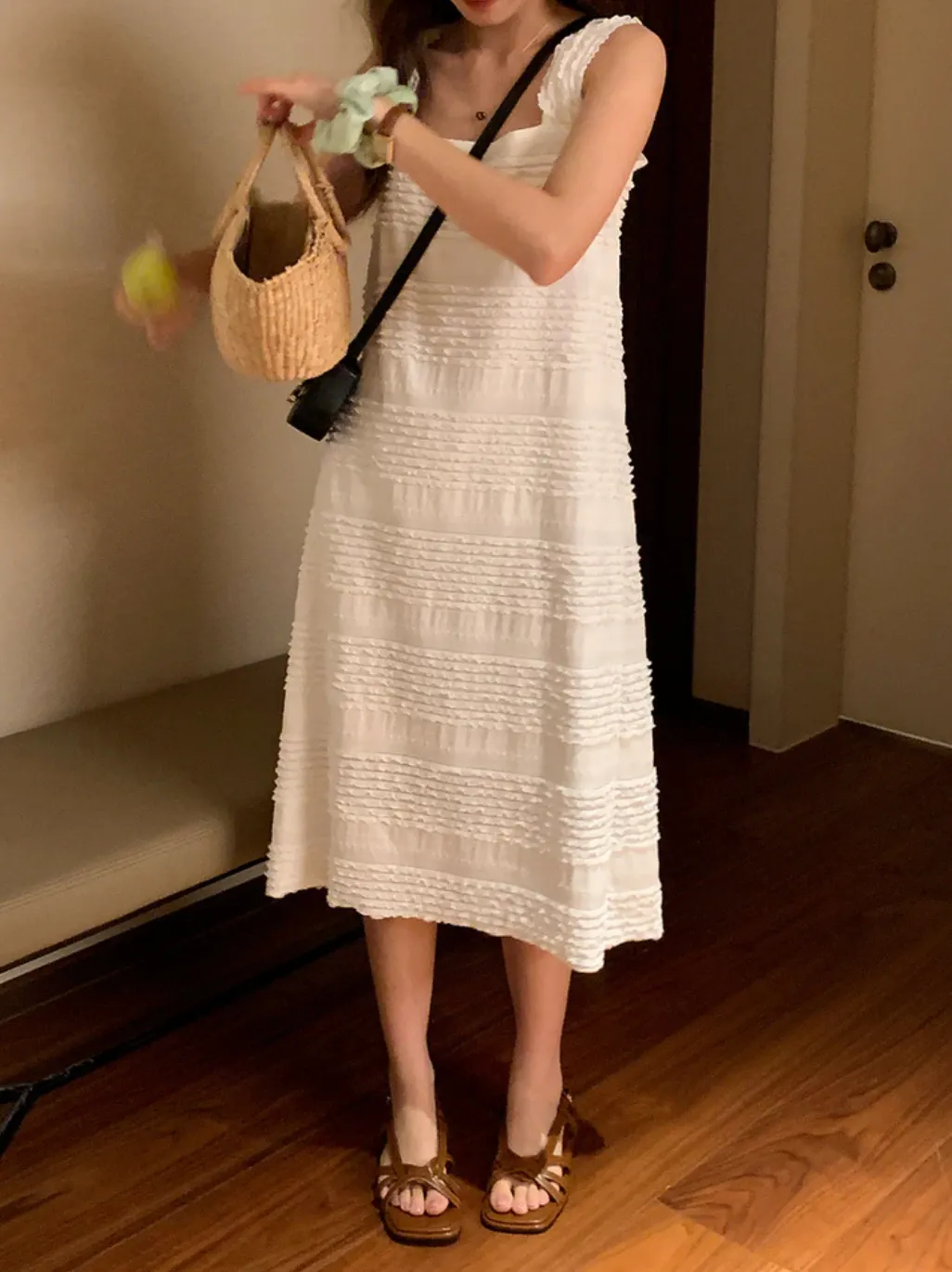 [Korean style] French Style Square Collar Textured Dress