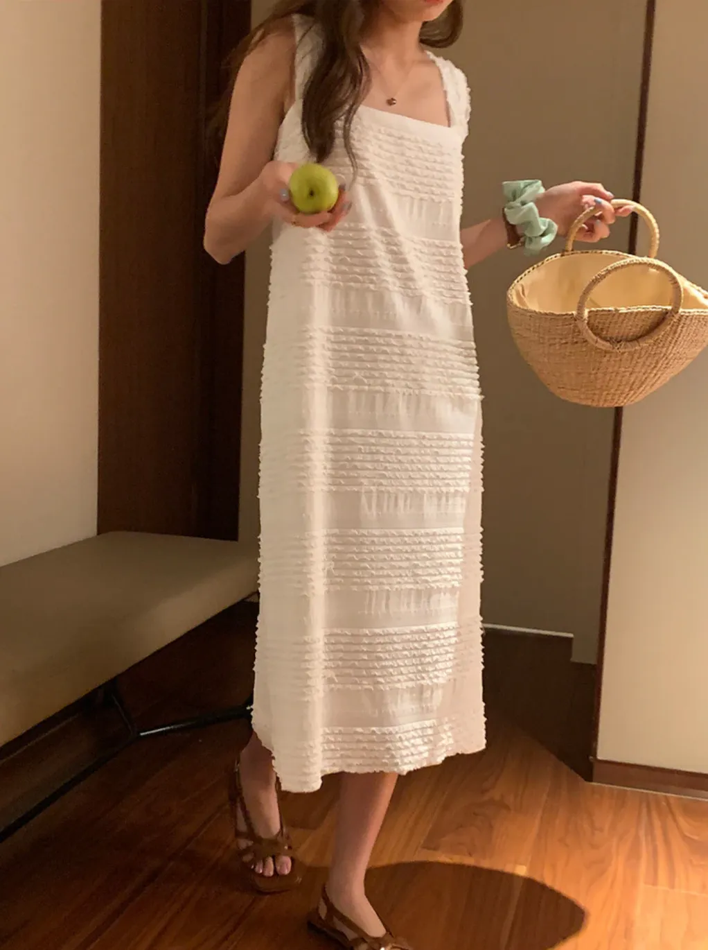 [Korean style] French Style Square Collar Textured Dress