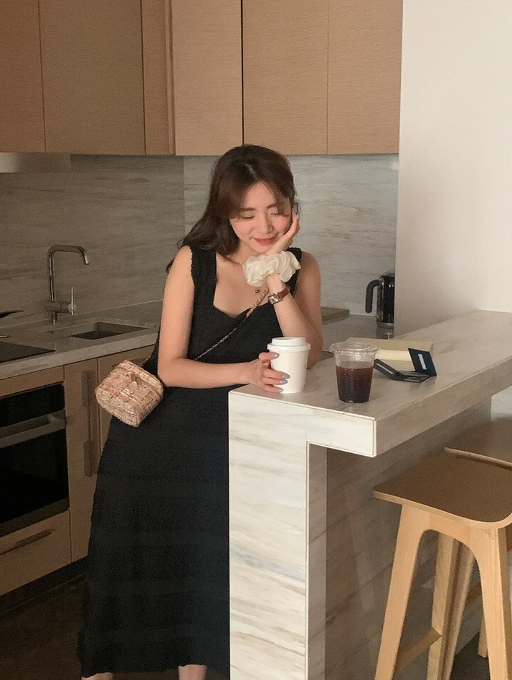 [Korean style] French Style Square Collar Textured Dress