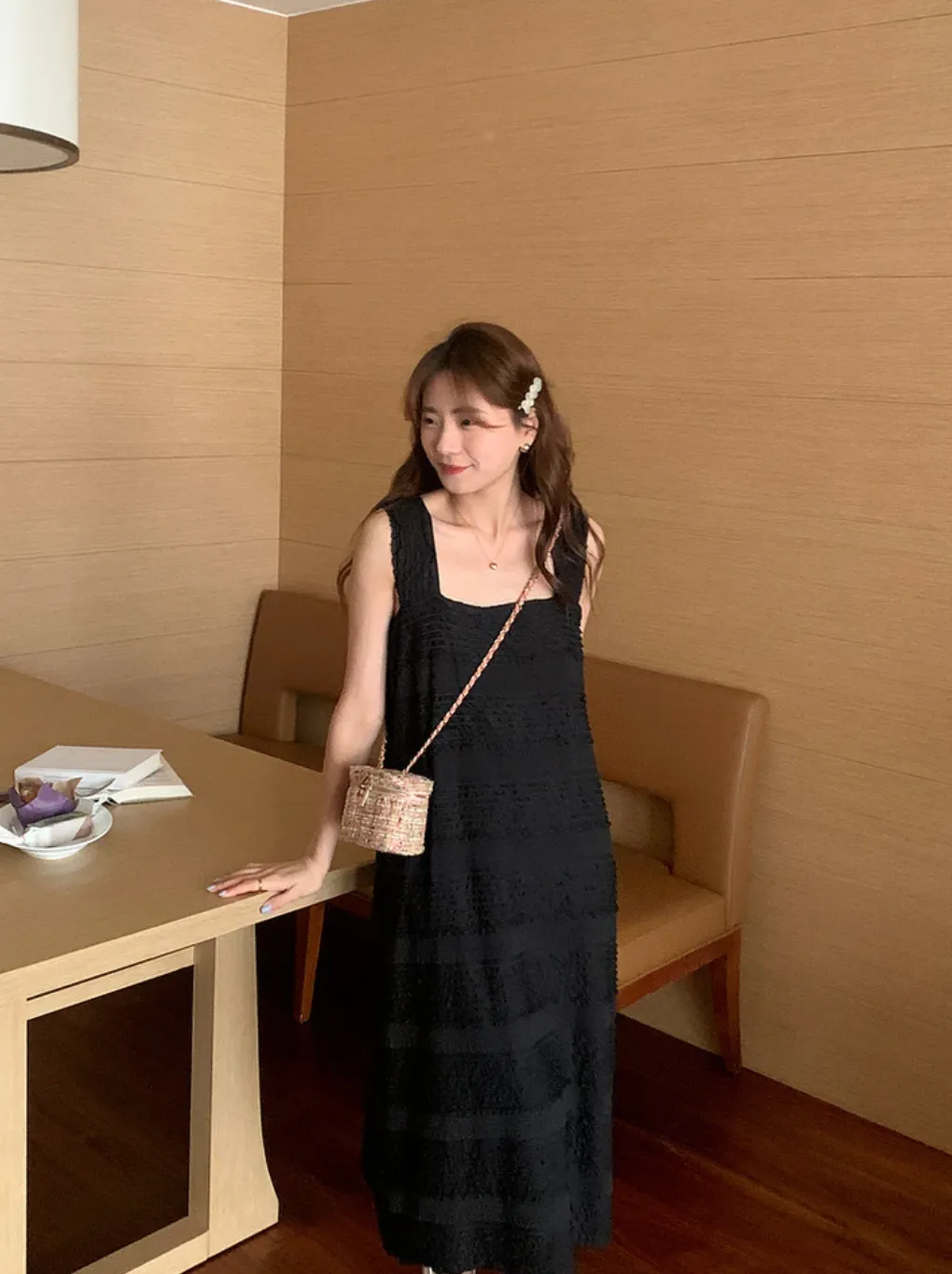 [Korean style] French Style Square Collar Textured Dress