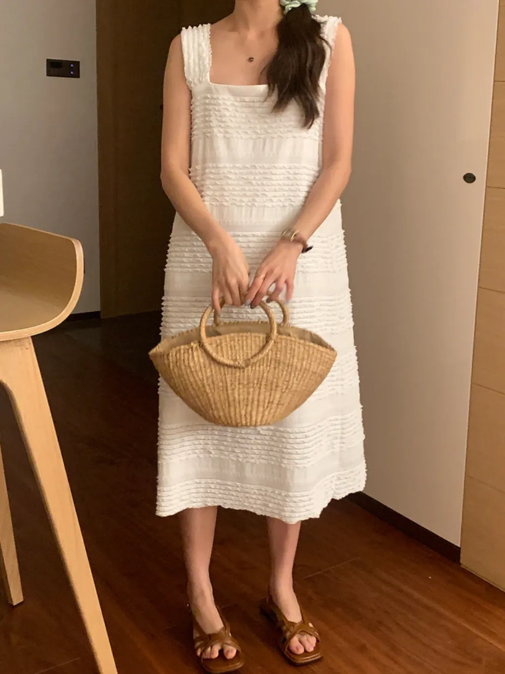 [Korean style] French Style Square Collar Textured Dress