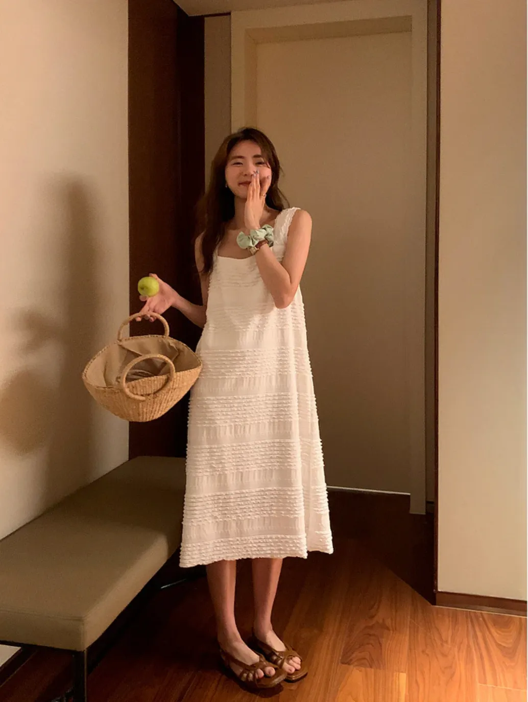 [Korean style] French Style Square Collar Textured Dress