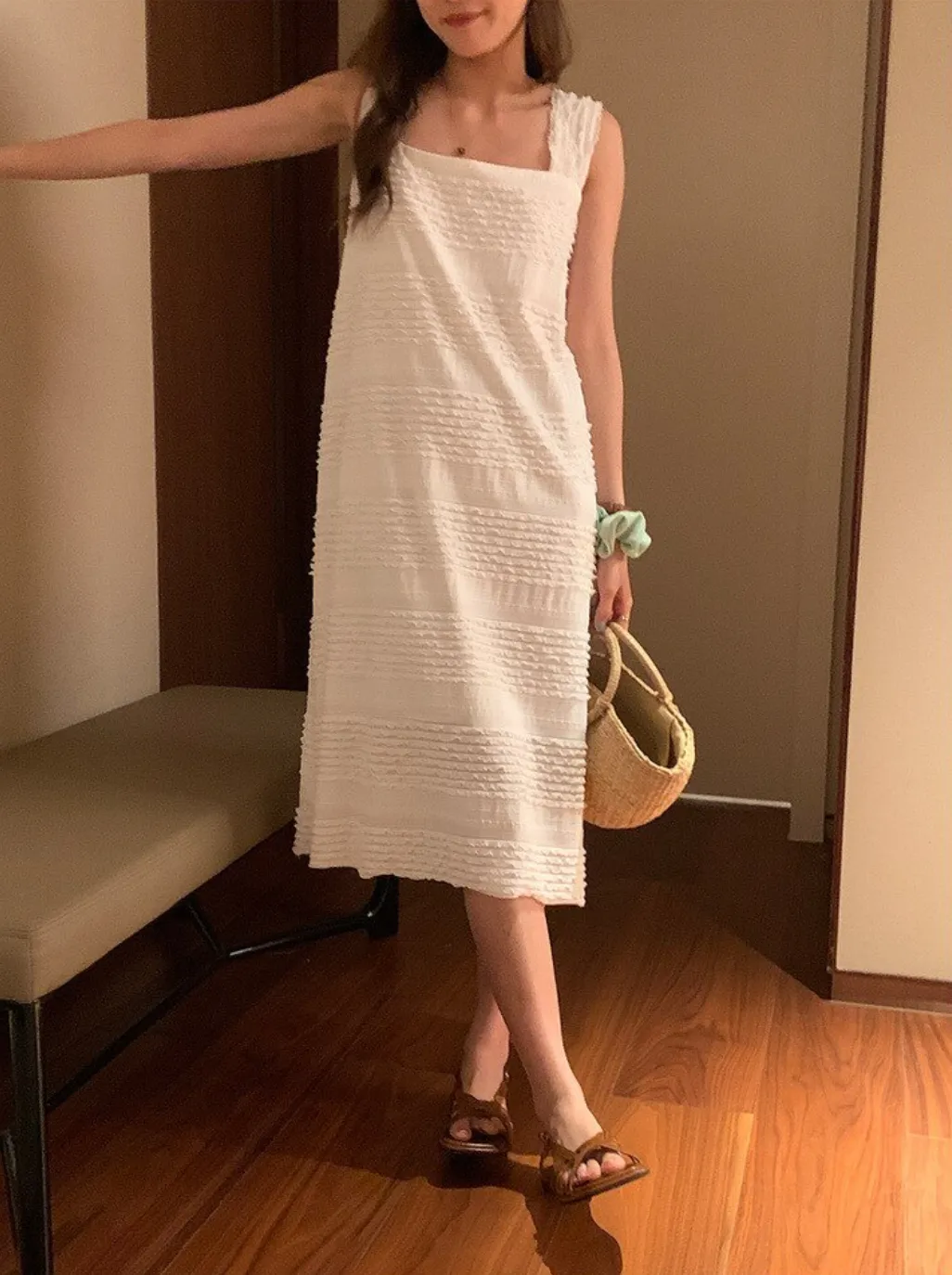 [Korean style] French Style Square Collar Textured Dress