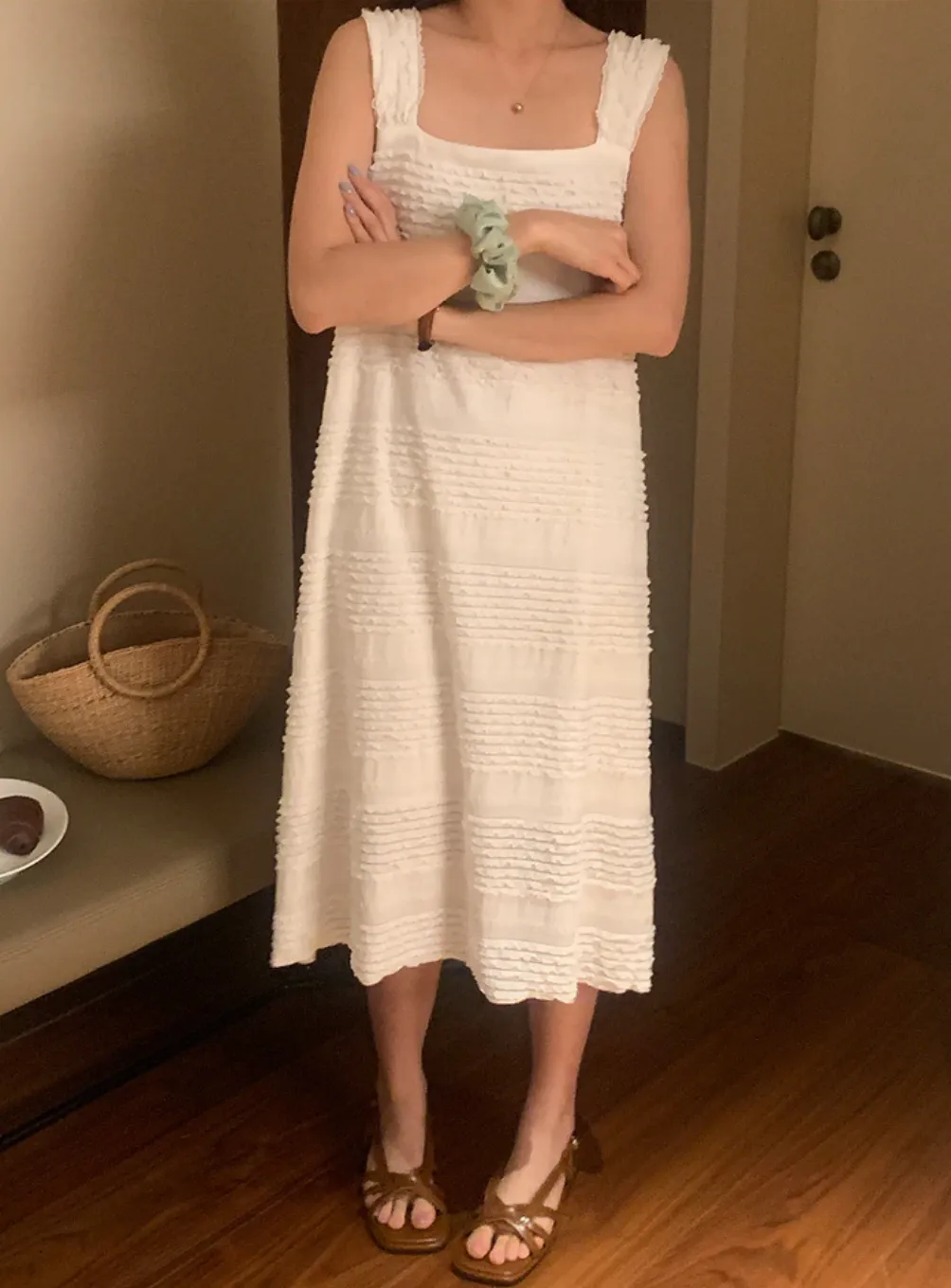 [Korean style] French Style Square Collar Textured Dress