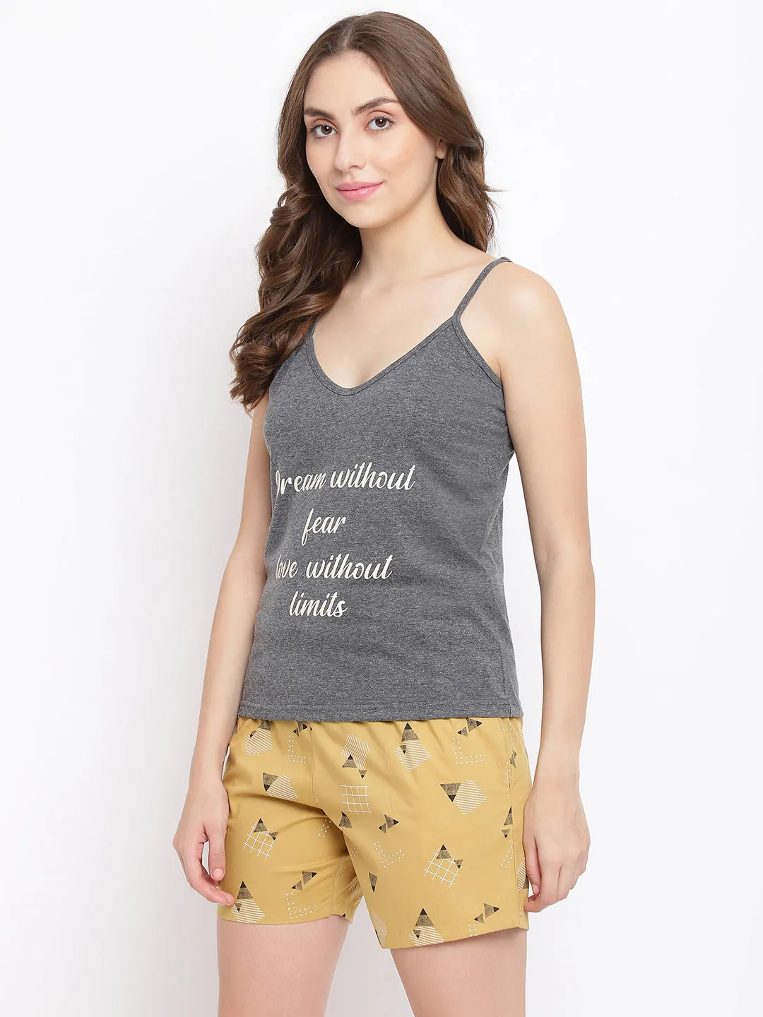 La Intimo Dreamy Love Printed Boxer Shorts & Grey Millage Camisole