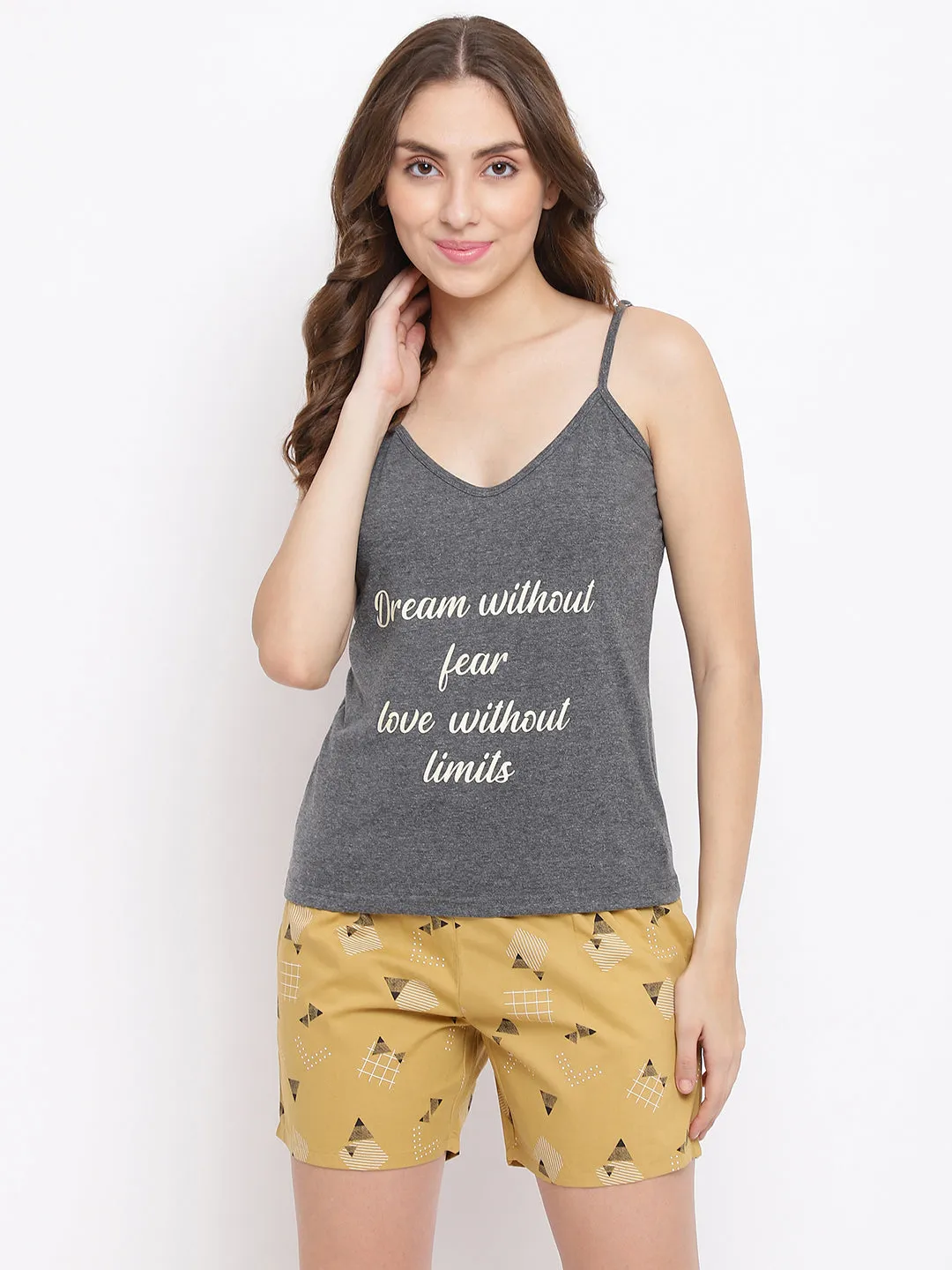 La Intimo Dreamy Love Printed Boxer Shorts & Grey Millage Camisole