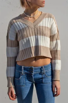 MDX Beige V-Neck Striped Crop Women's Sweater MG1441 - Bridlington