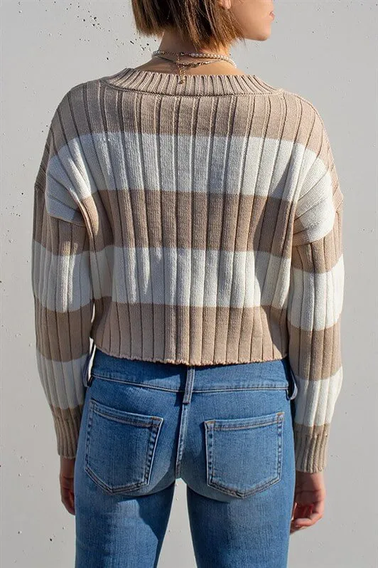 MDX Beige V-Neck Striped Crop Women's Sweater MG1441 - Bridlington