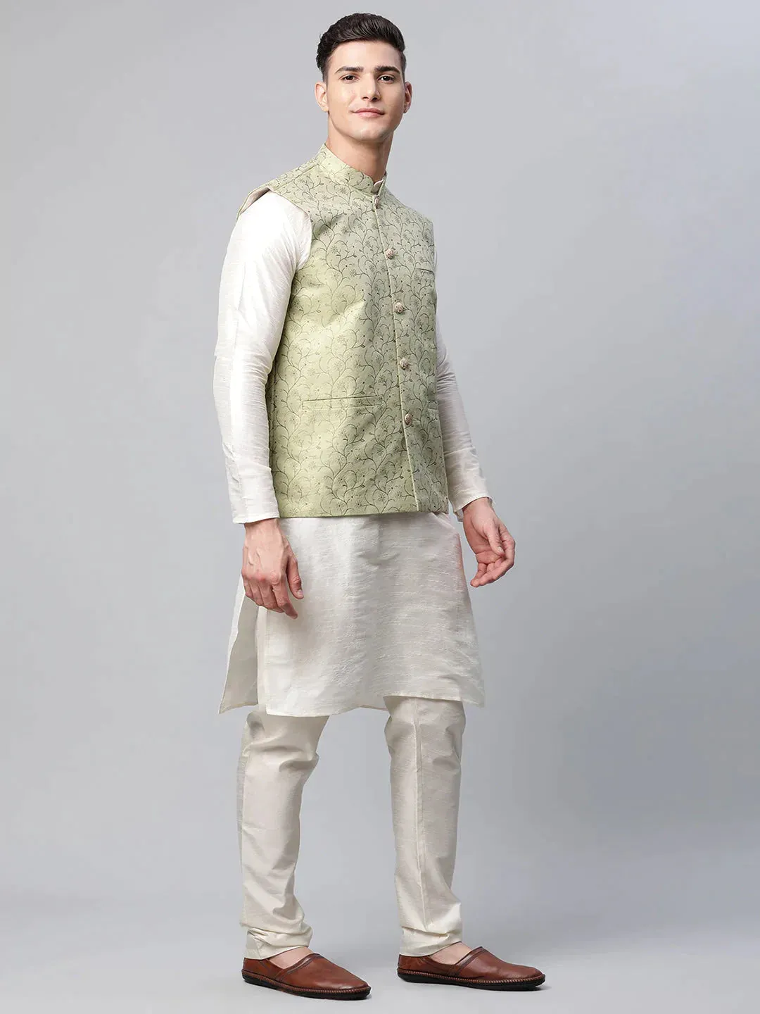 Men'S Pista Green Printed Textured Nehru Jacket