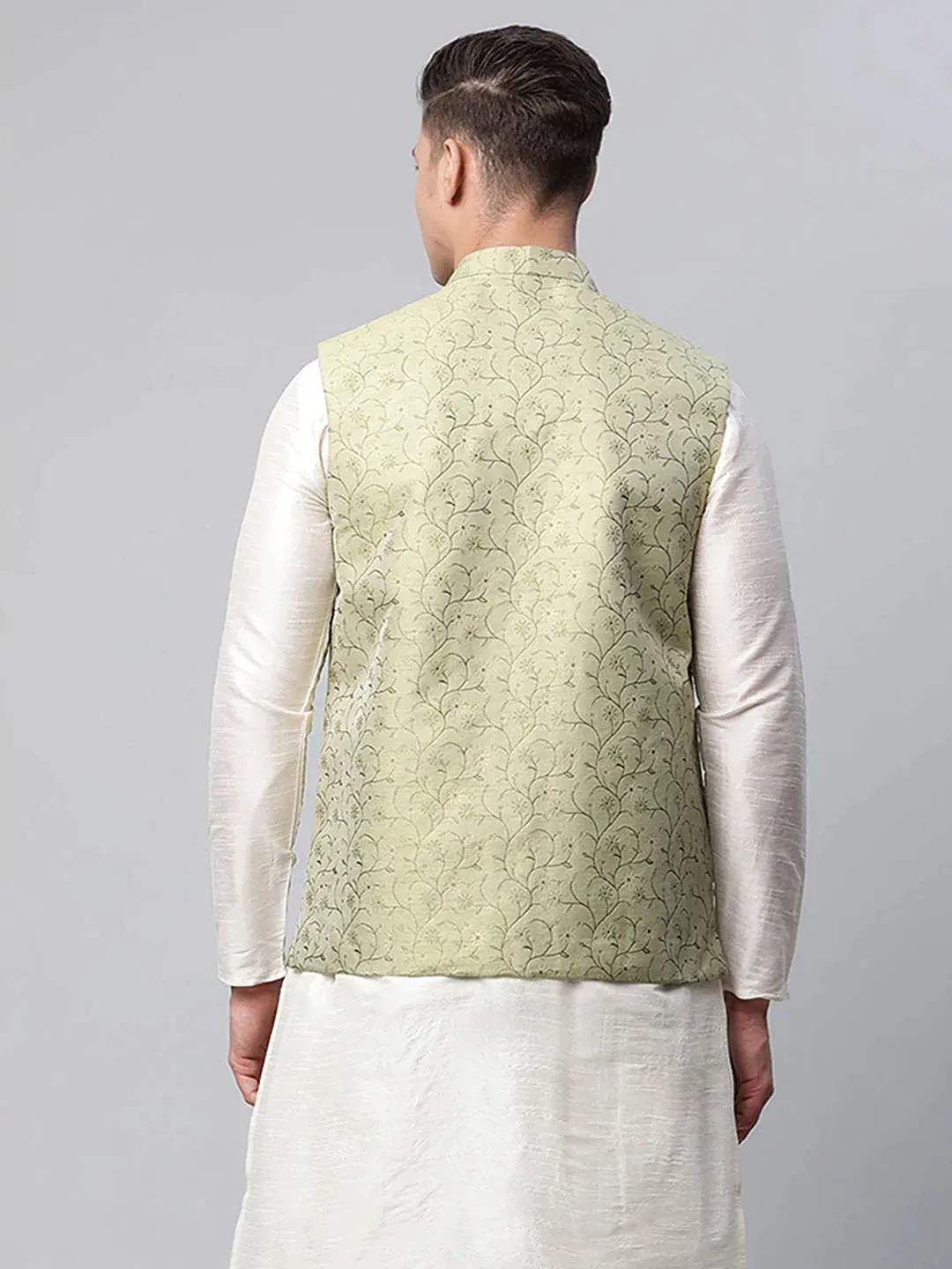 Men'S Pista Green Printed Textured Nehru Jacket