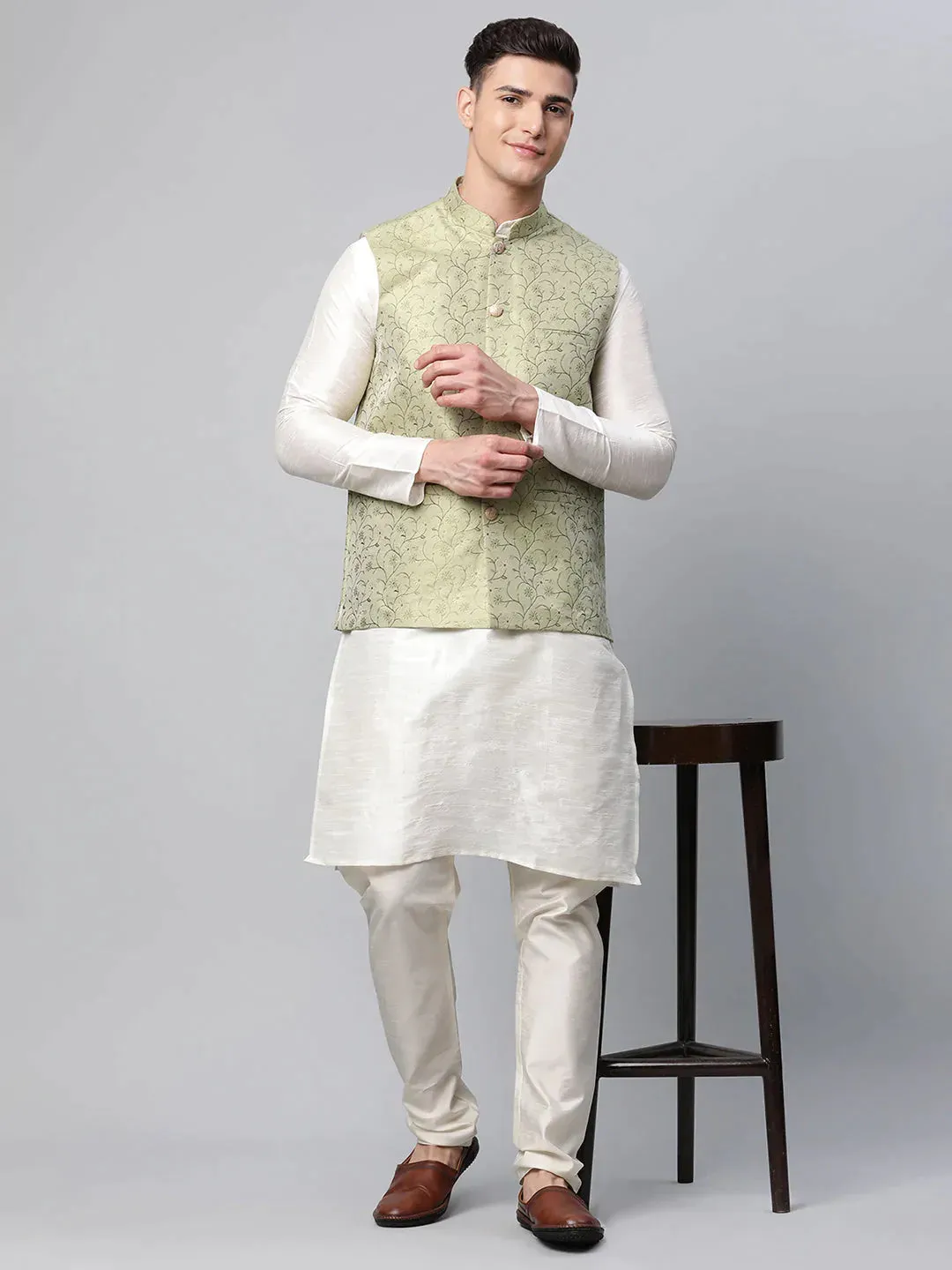 Men'S Pista Green Printed Textured Nehru Jacket