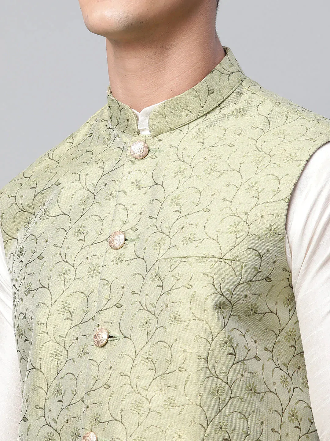 Men'S Pista Green Printed Textured Nehru Jacket