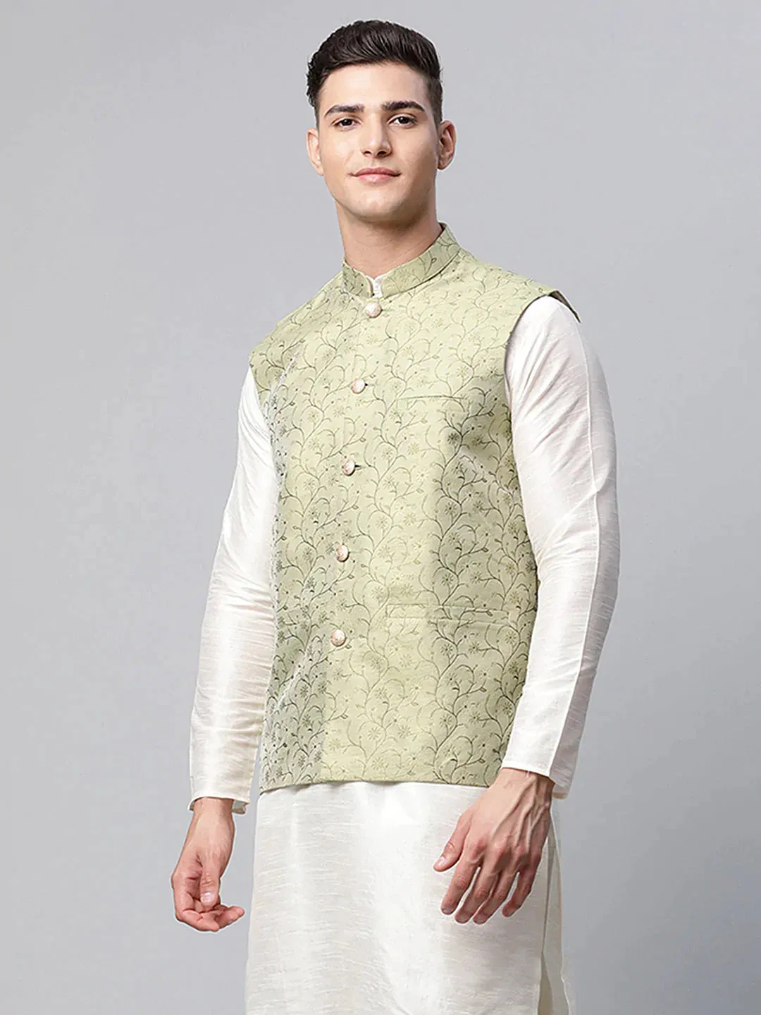 Men'S Pista Green Printed Textured Nehru Jacket