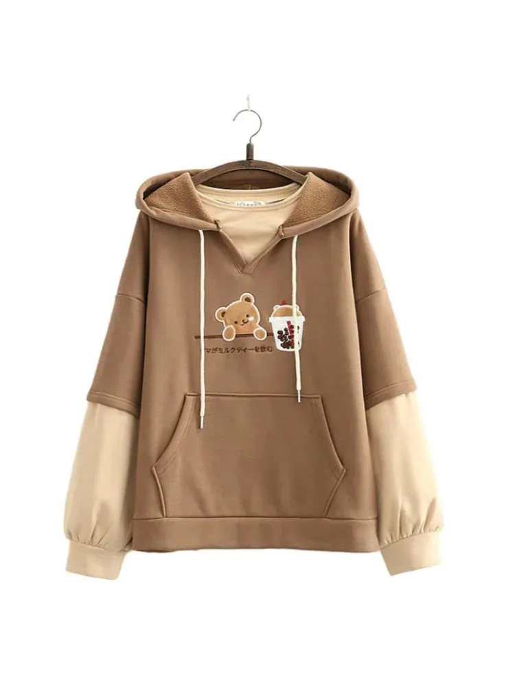 Metaversmall Fleece Harajuku Cartoon Bear Embroidery Casual Hoodies Sweatshirt Women Winter Long Sleeve Patchwork Korean Style Pullover