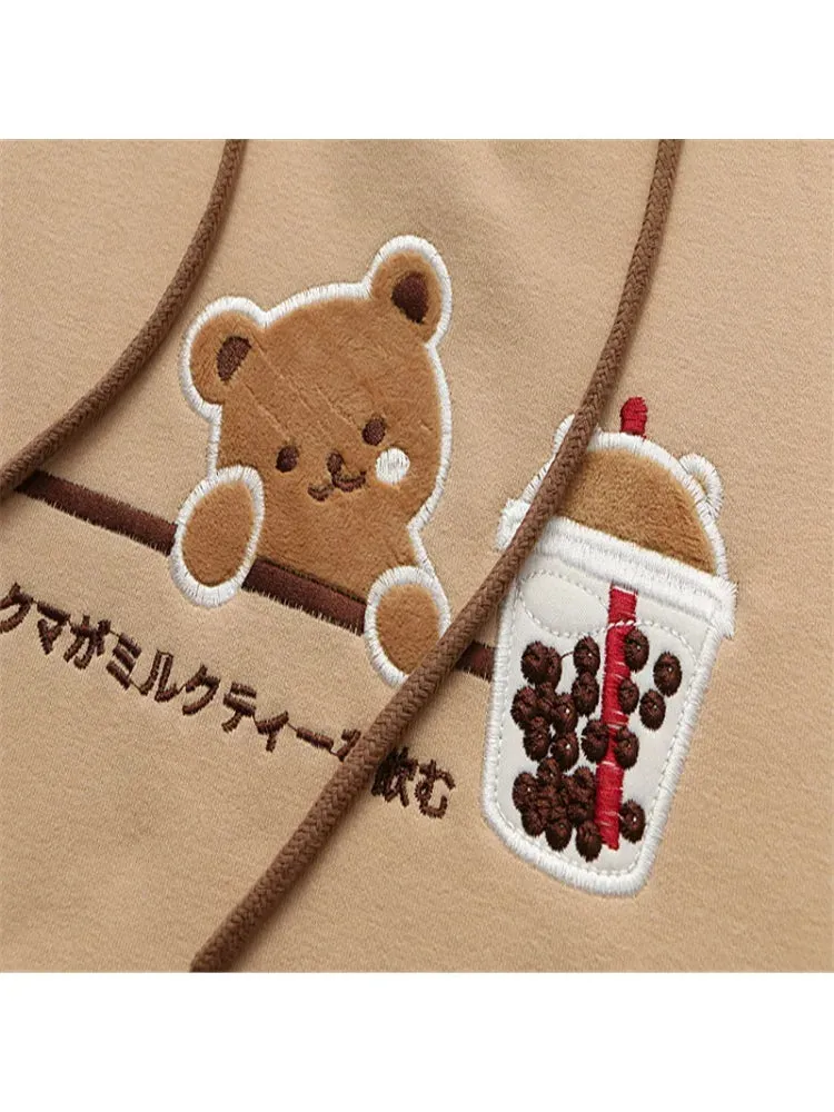Metaversmall Fleece Harajuku Cartoon Bear Embroidery Casual Hoodies Sweatshirt Women Winter Long Sleeve Patchwork Korean Style Pullover