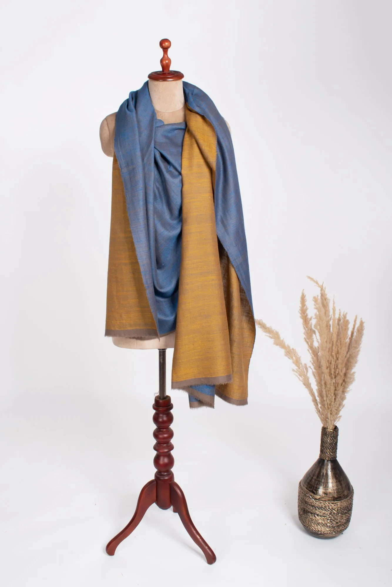 Mustard and Blue Dorukha Indian Pashmina Shawl