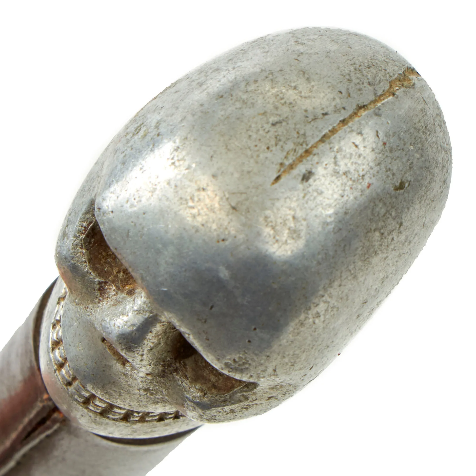Original British WWI Officer's Private Purchase Leather Covered Aluminum Swagger Stick With Weighted Skull End For Use As Trench Club Circa 1917