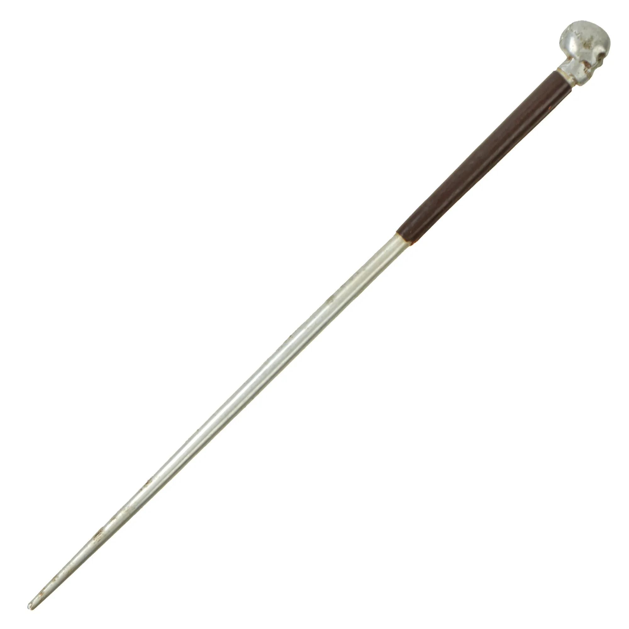 Original British WWI Officer's Private Purchase Leather Covered Aluminum Swagger Stick With Weighted Skull End For Use As Trench Club Circa 1917