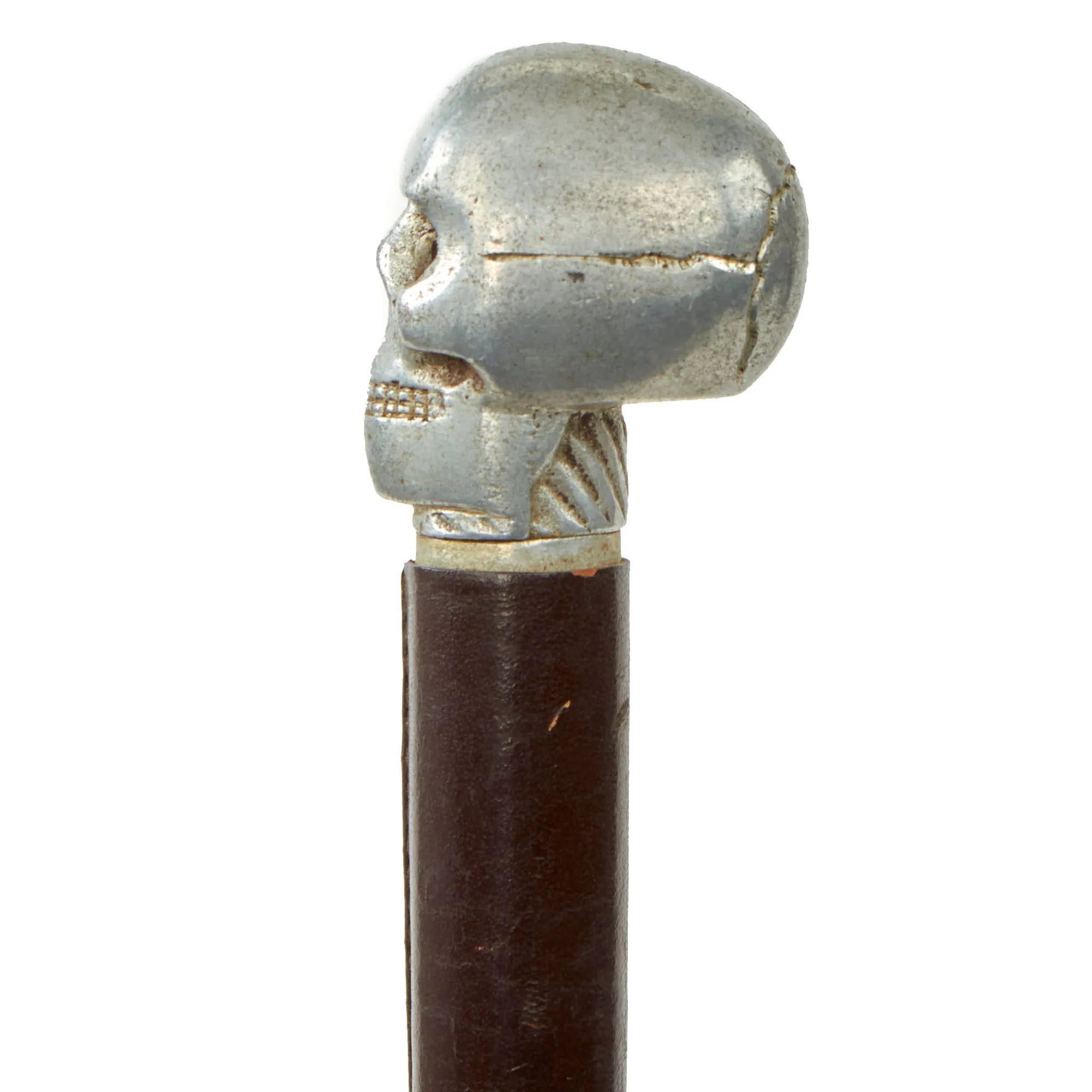 Original British WWI Officer's Private Purchase Leather Covered Aluminum Swagger Stick With Weighted Skull End For Use As Trench Club Circa 1917