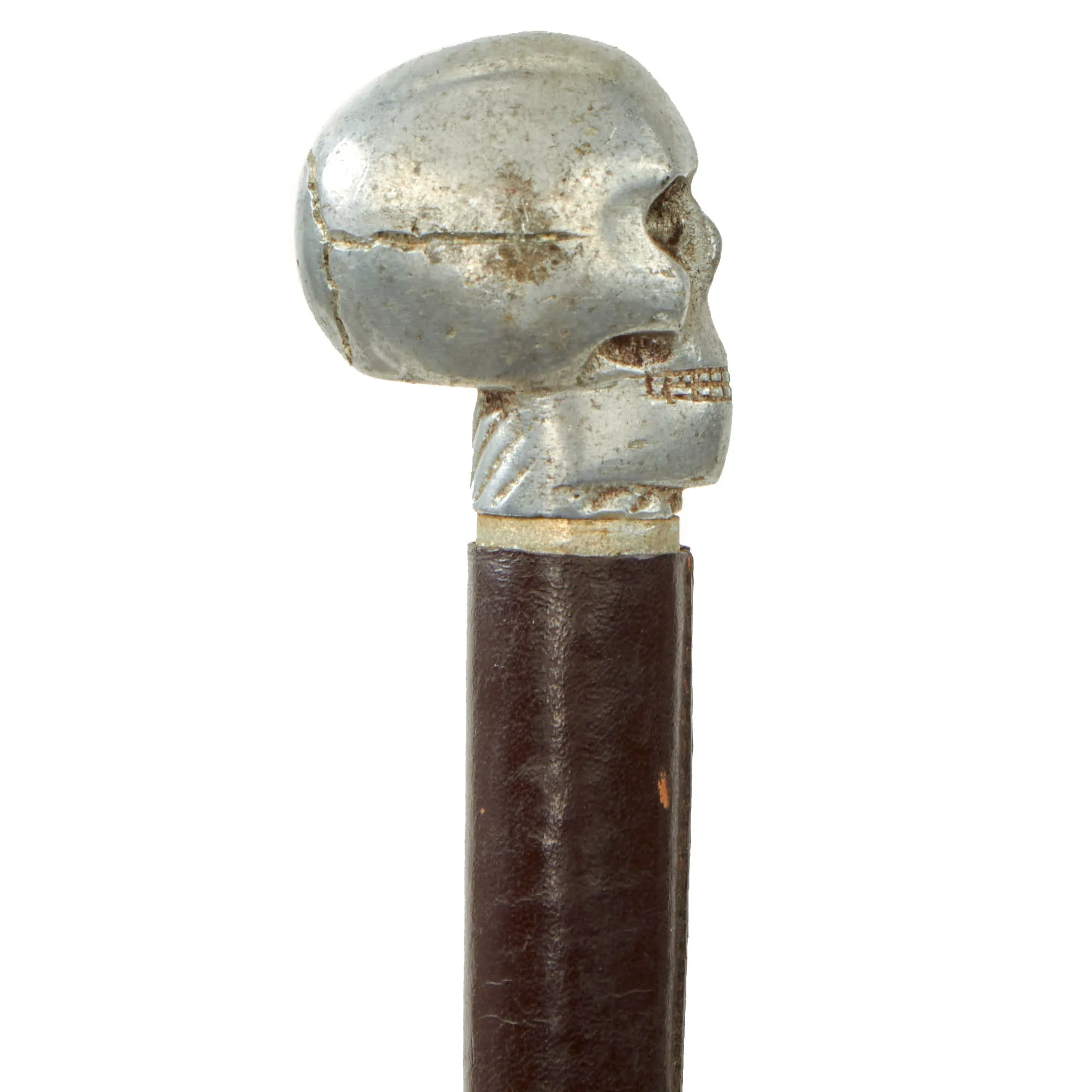Original British WWI Officer's Private Purchase Leather Covered Aluminum Swagger Stick With Weighted Skull End For Use As Trench Club Circa 1917