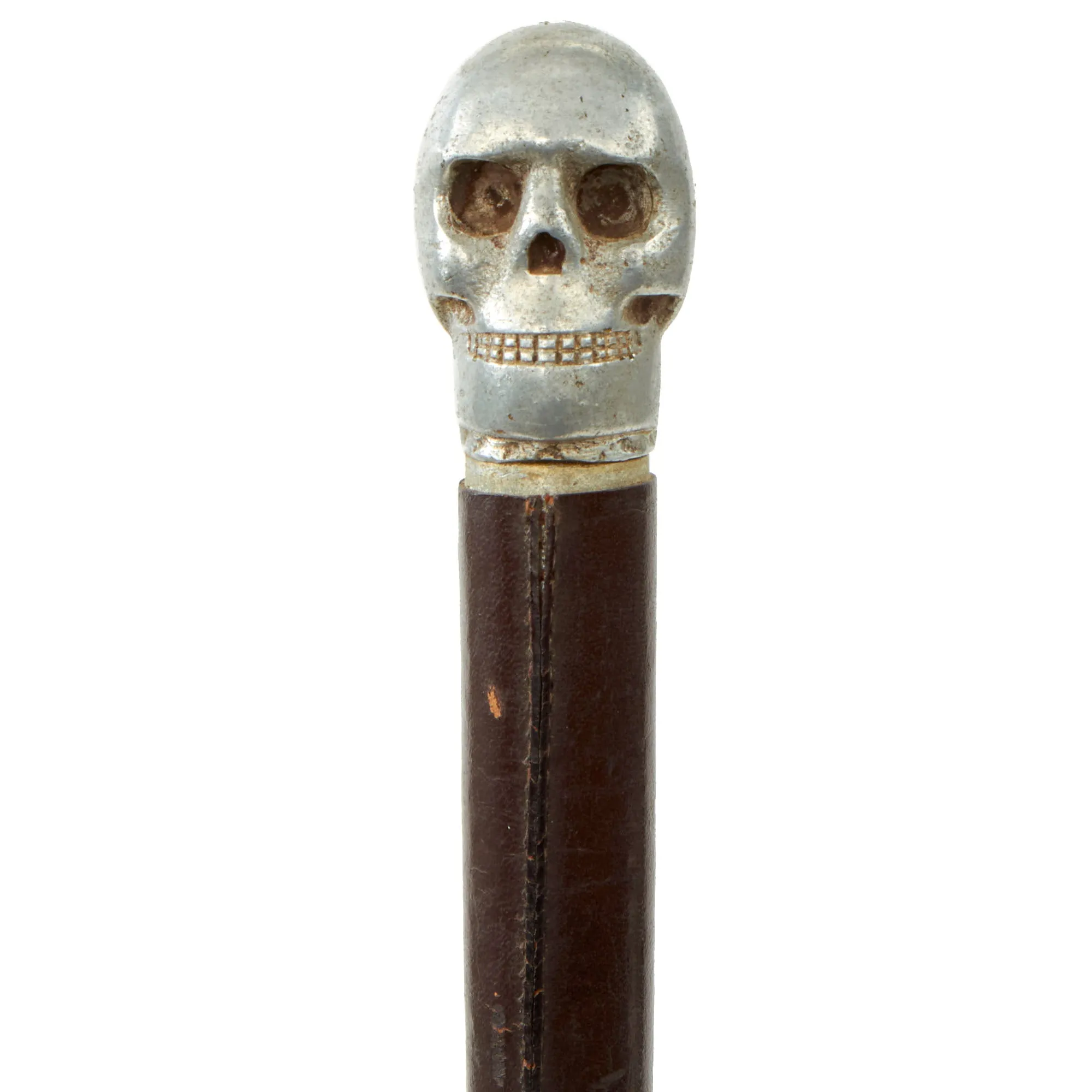 Original British WWI Officer's Private Purchase Leather Covered Aluminum Swagger Stick With Weighted Skull End For Use As Trench Club Circa 1917