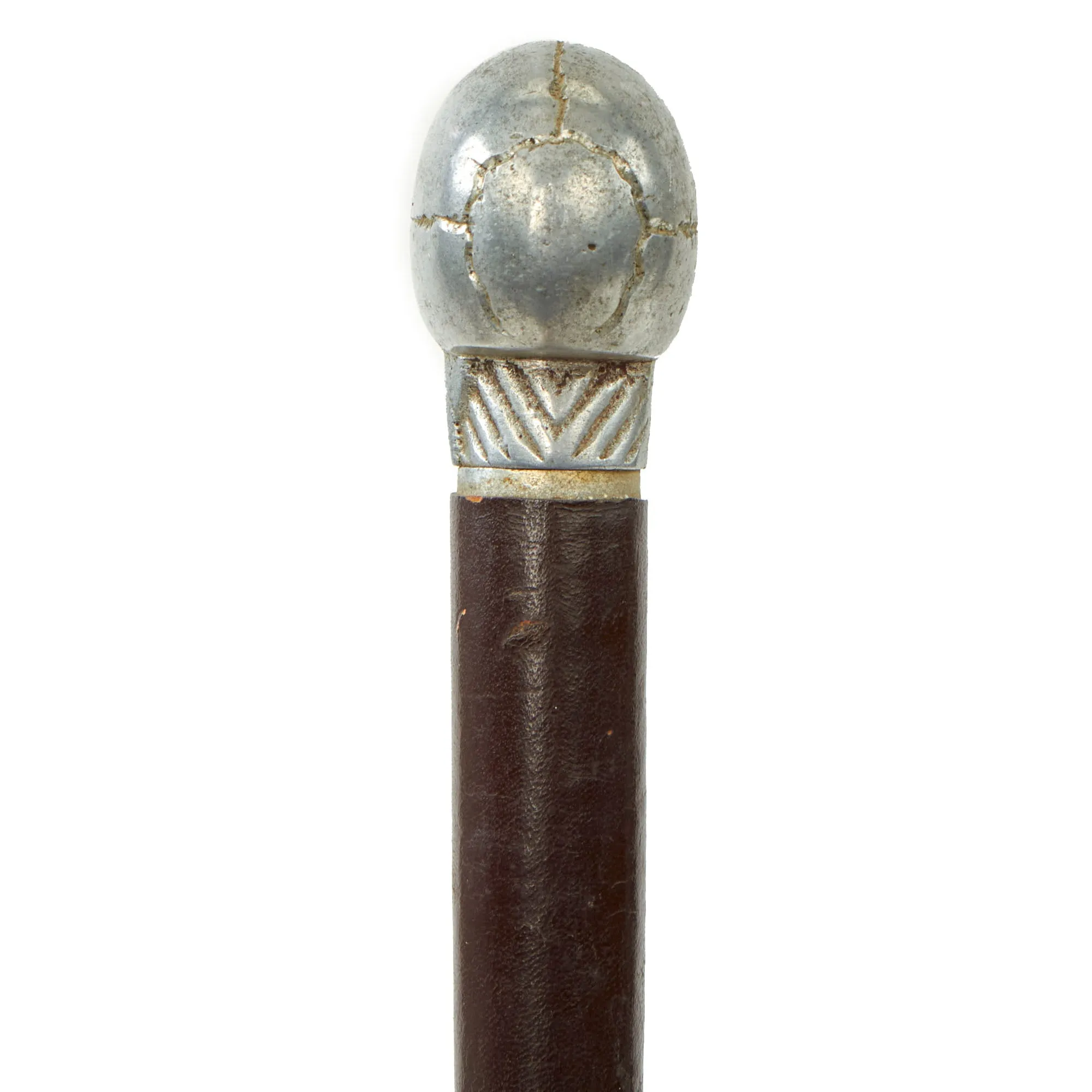 Original British WWI Officer's Private Purchase Leather Covered Aluminum Swagger Stick With Weighted Skull End For Use As Trench Club Circa 1917