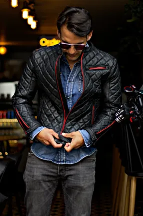 PANAMERICA Leather Jacket - Quilted, in Calfskin Black & Black Zips / Red