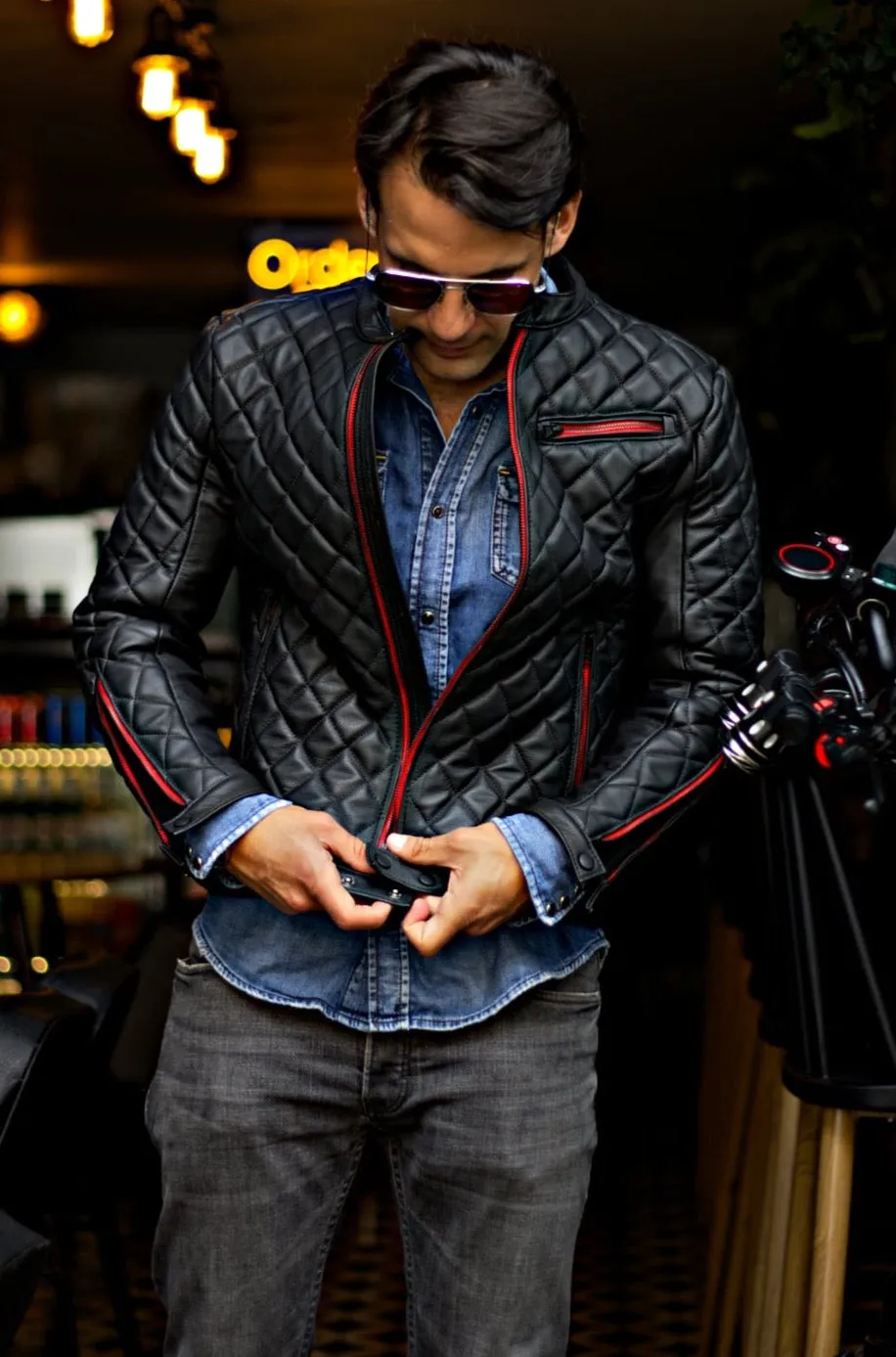 PANAMERICA Leather Jacket - Quilted, in Calfskin Black & Black Zips / Red