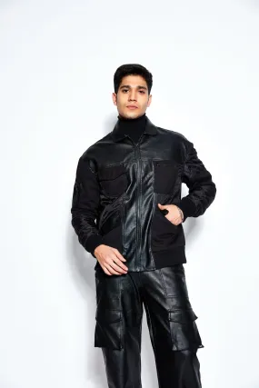 Patchwork Leather Bomber Jacket and Pant Set