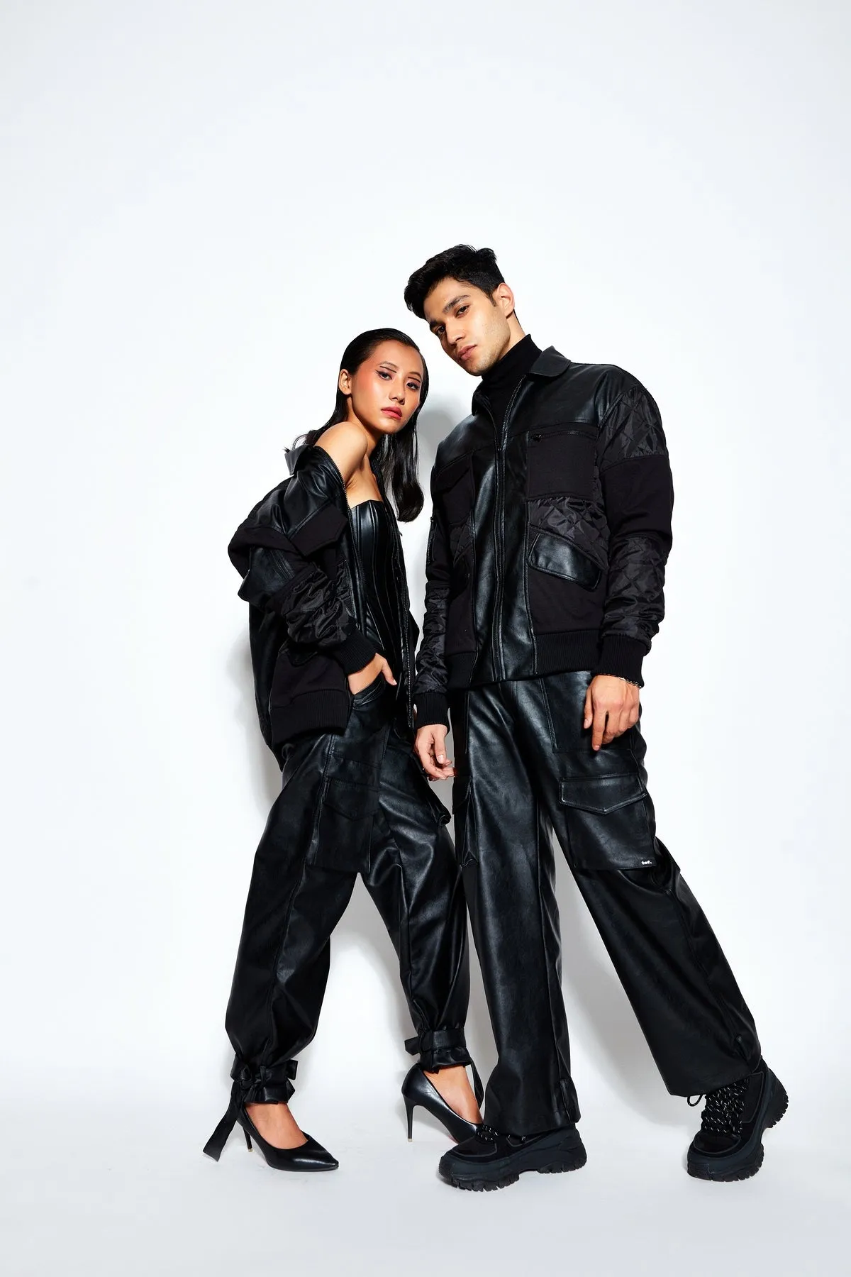Patchwork Leather Bomber Jacket and Pant Set