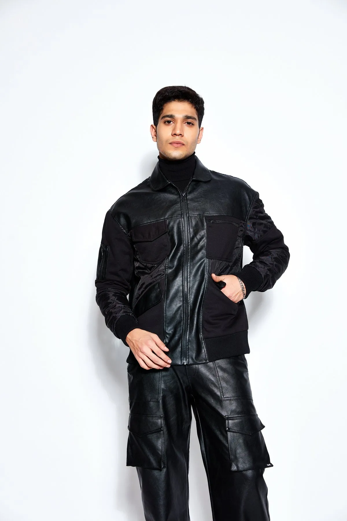 Patchwork Leather Bomber Jacket and Pant Set