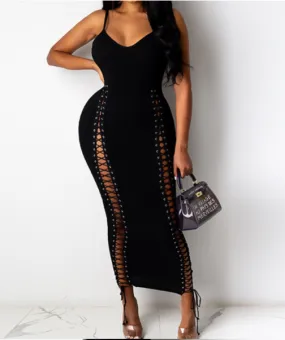 Plain Ribbed Spaghetti Strap Bandage Maxi Dress