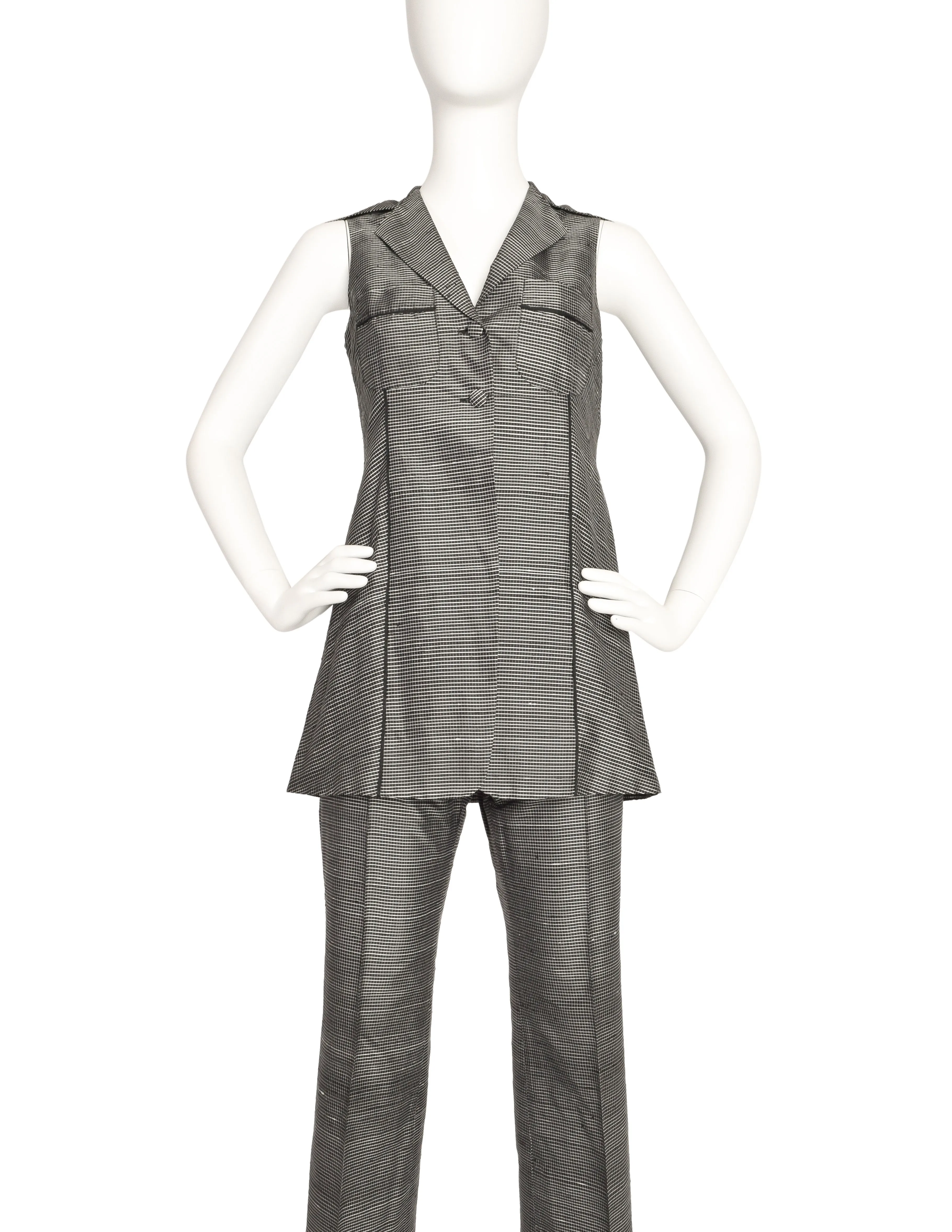 Romeo Gigli Vintage 1997 Black White Grid Raw Silk Vest Top and Pants Set