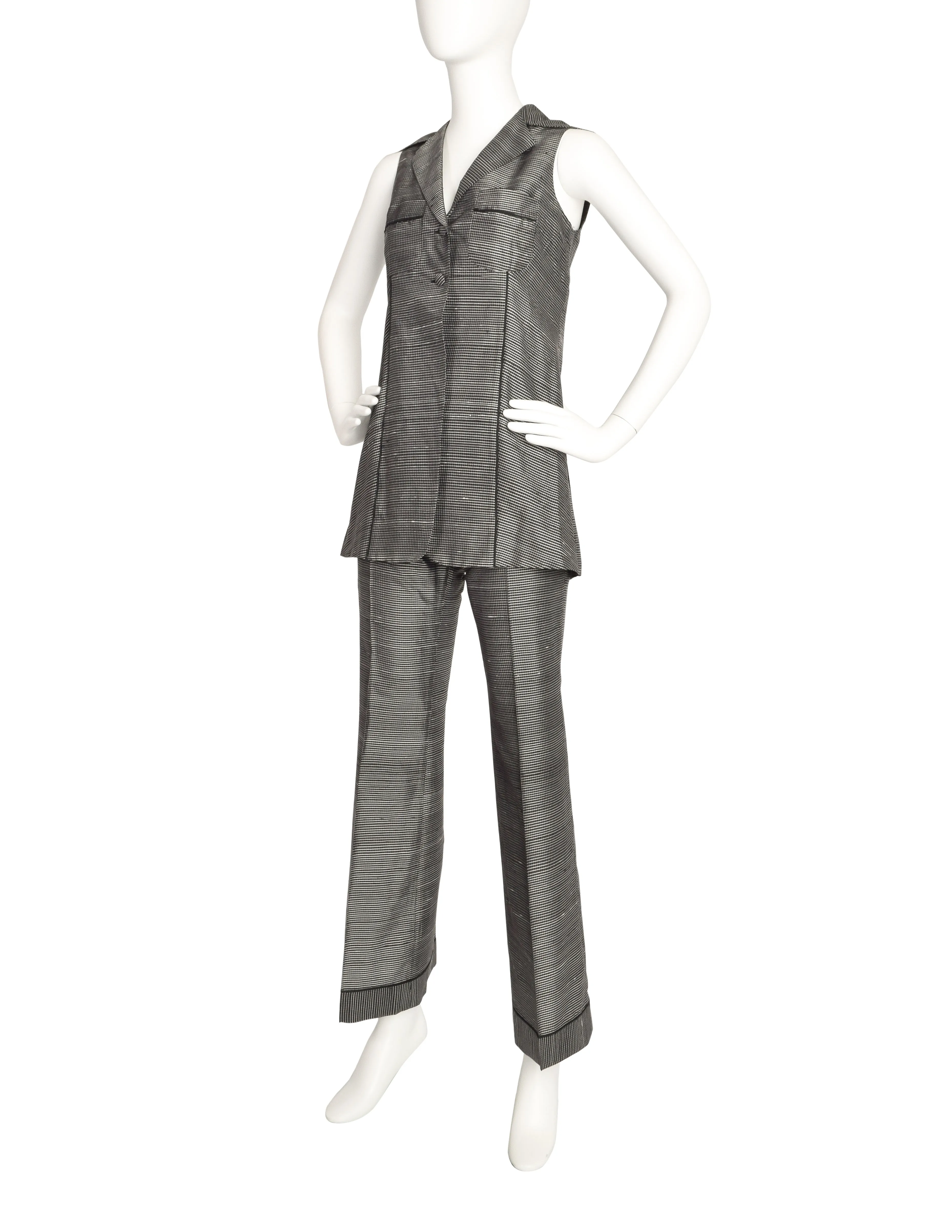 Romeo Gigli Vintage 1997 Black White Grid Raw Silk Vest Top and Pants Set