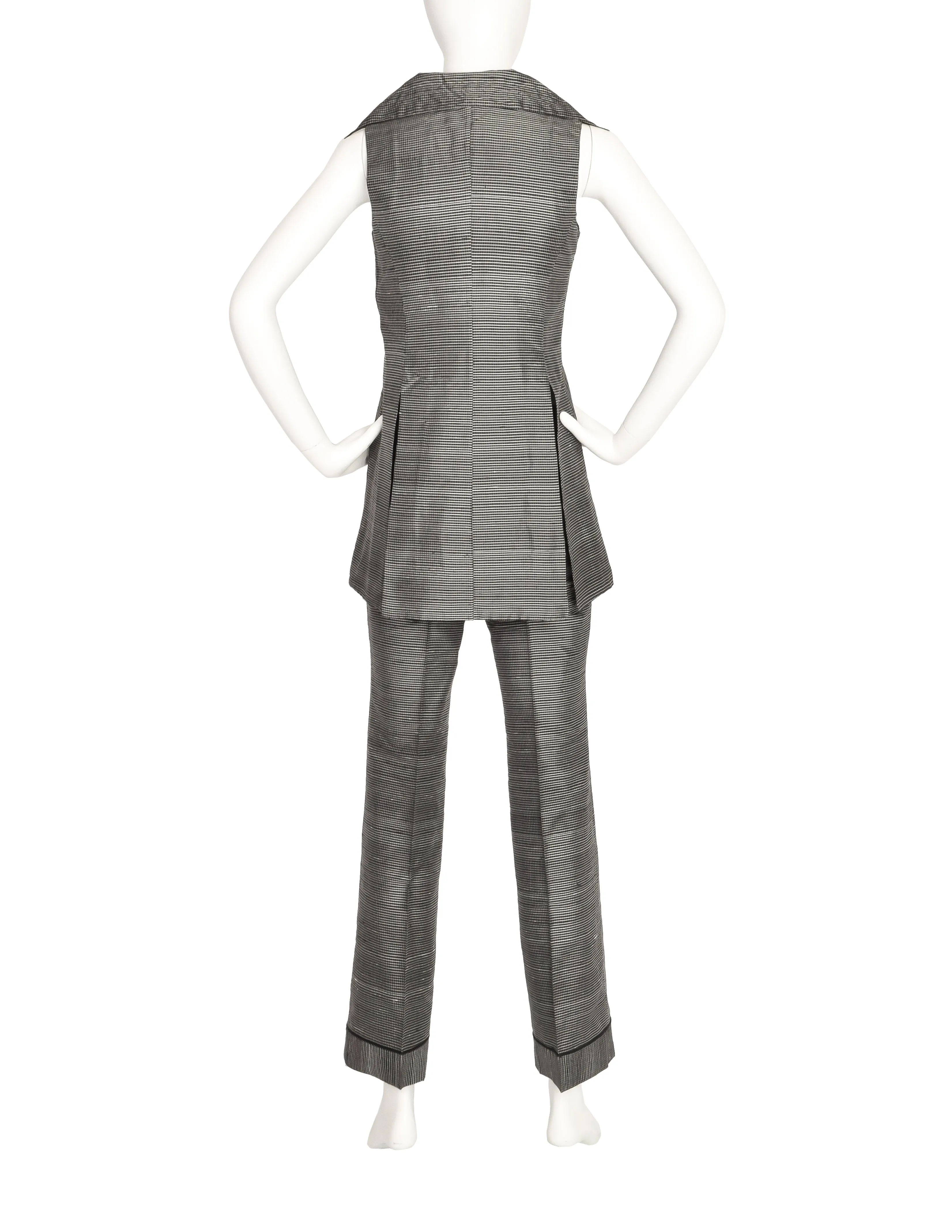 Romeo Gigli Vintage 1997 Black White Grid Raw Silk Vest Top and Pants Set