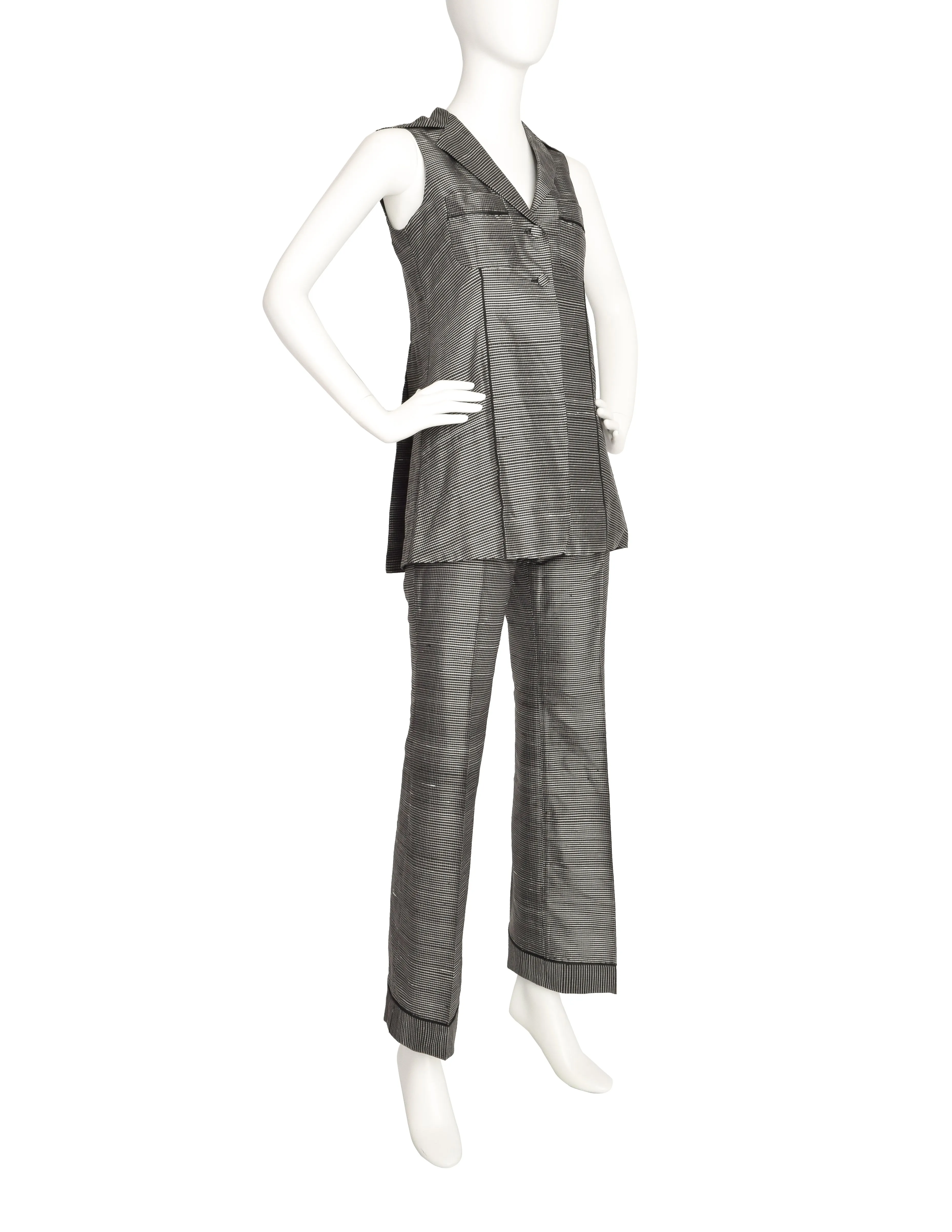 Romeo Gigli Vintage 1997 Black White Grid Raw Silk Vest Top and Pants Set