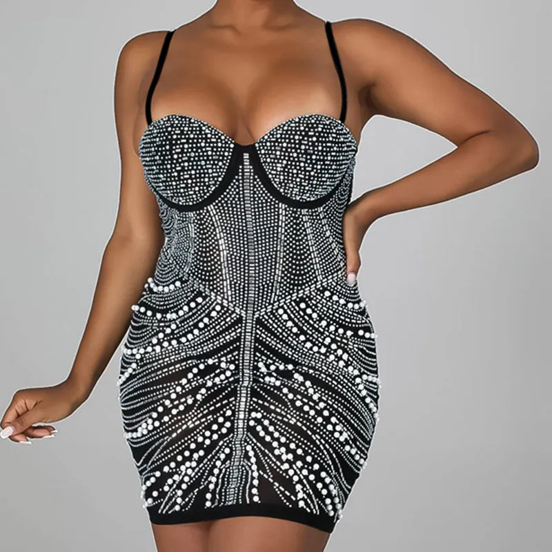 Sexy Spaghetti Strap Studded Beading Bodycon Party Dress