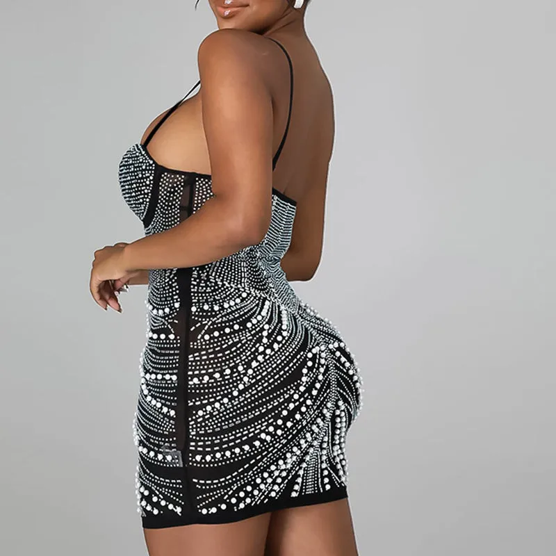 Sexy Spaghetti Strap Studded Beading Bodycon Party Dress