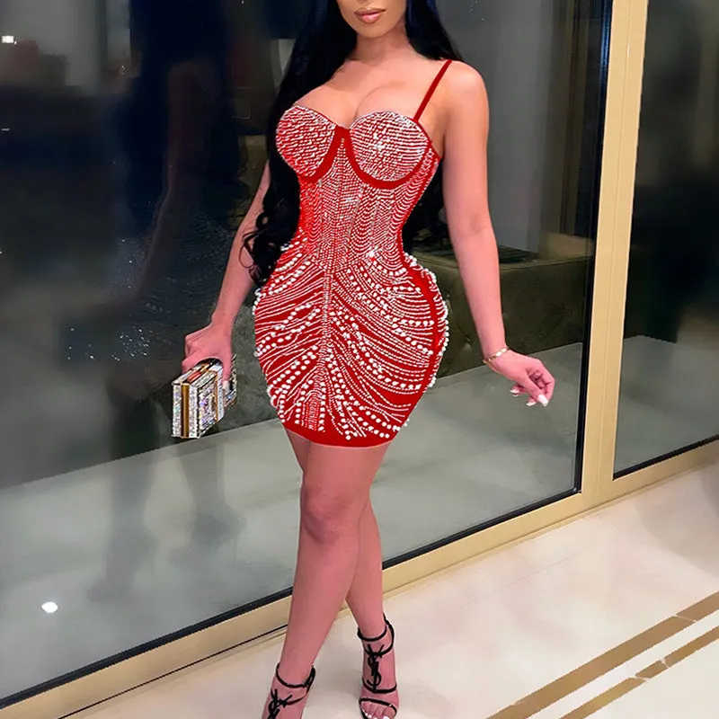 Sexy Spaghetti Strap Studded Beading Bodycon Party Dress