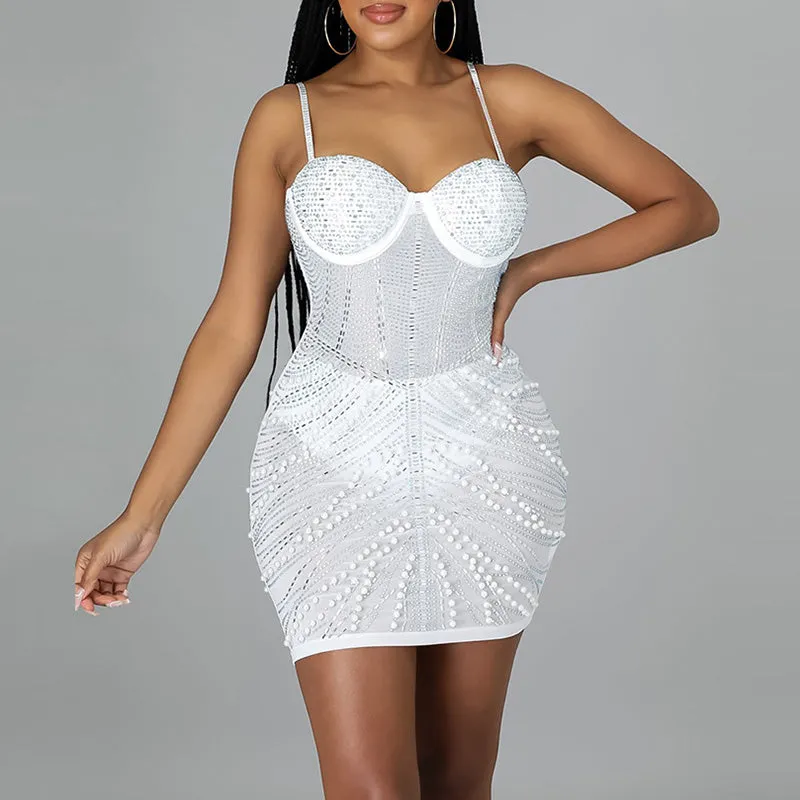 Sexy Spaghetti Strap Studded Beading Bodycon Party Dress
